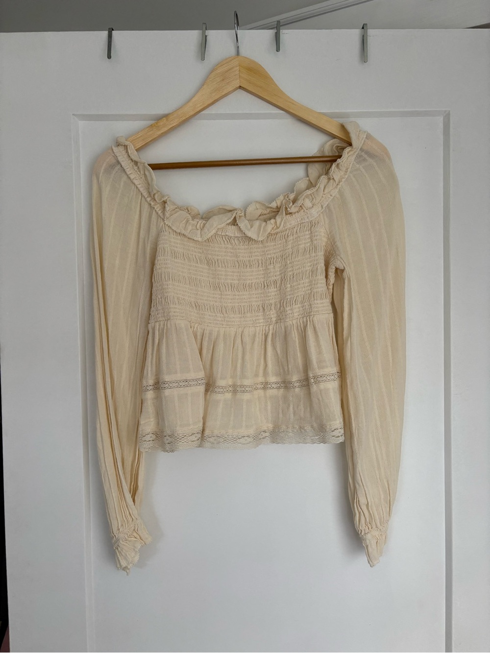 American Eagle Smocked Eyelet Shirt in Cream